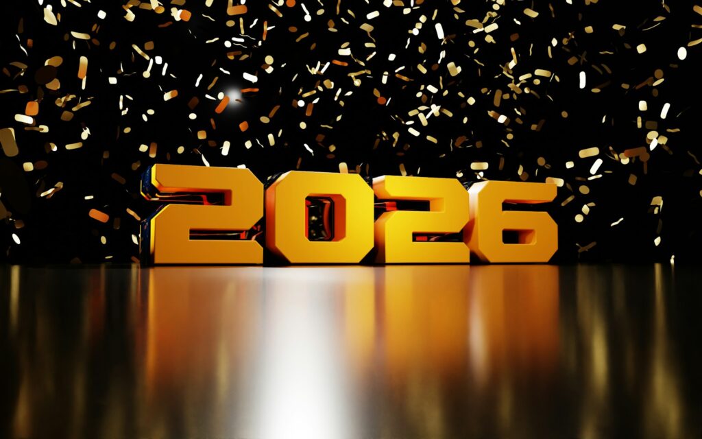 Golden 2026 numbers with falling confetti